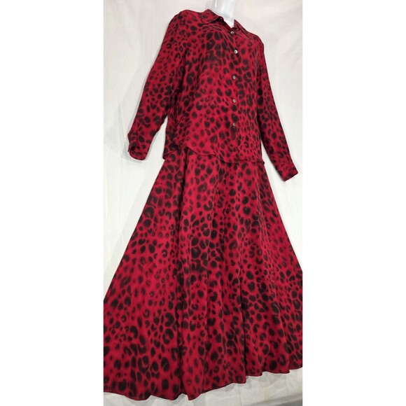 Katherine Kelly Maxi Skirt Set Silk Long Sleeve Blouse Leopard Red Womens 8/10 - Picture 7 of 16